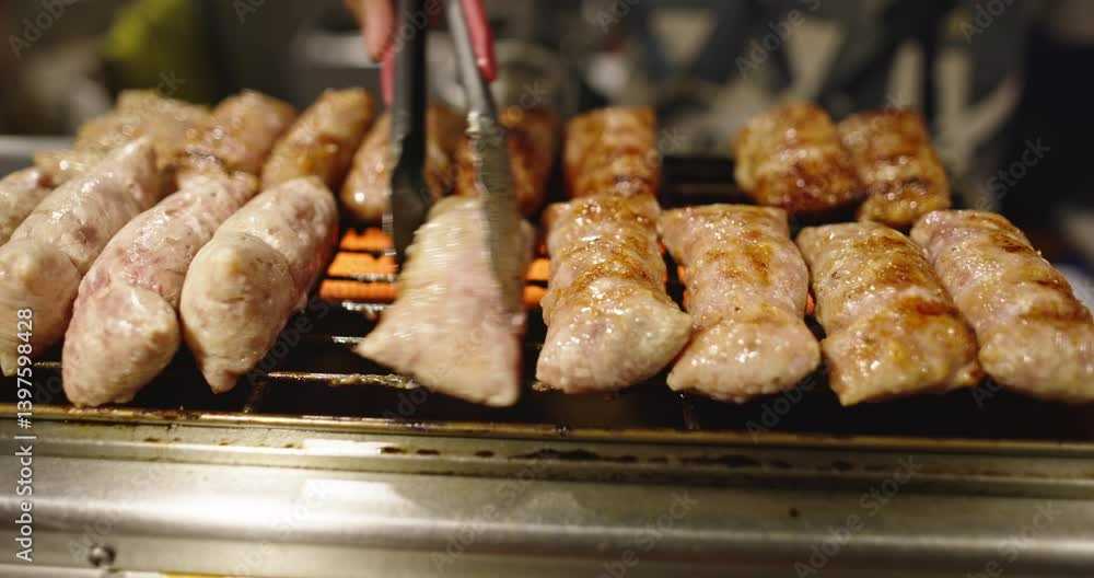 Juicy grilled pork sausages sizzling over hot charcoal at bustling Thai night market, vendor expertly flipping them with tongs, smoky flavors filling air Juicy grilled pork sausages sizzling over hot charcoal at bustling Thai night market, vendor expertly flipping them with tongs, smoky flavors filling air