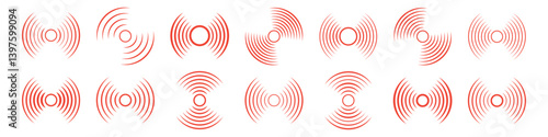 Collection of red wave circle radar icons. Circle connection, sonar sound waves, wi-fi connection icons set	