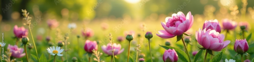 Peonies and other wildflowers in a meadow , rustic landscape, colorful blooms Peonies and other wildflowers in a meadow , rustic landscape, colorful blooms