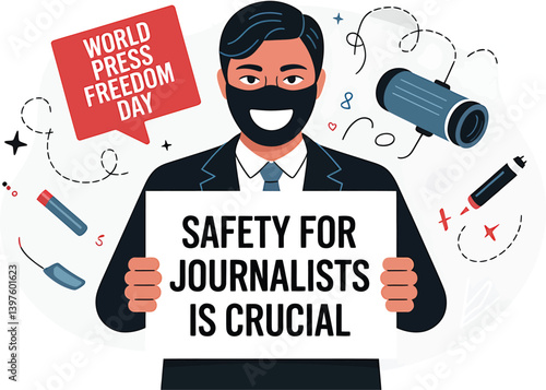 World Press Freedom Day Concept with Microphone, Newspaper, Camera, and Journalistic Symbols in Modern Flat Vector Style – Ideal for Media Rights, Journalism, and Freedom of Speech Themes