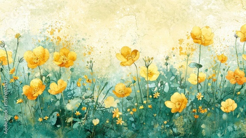 Fototapeta Naklejka Na Ścianę i Meble -  A vibrant sptime Easter invitation background featu a delicate watercolor painting of yellow wildflowers blooming in a lush teal meadow perfect for elegant designs and