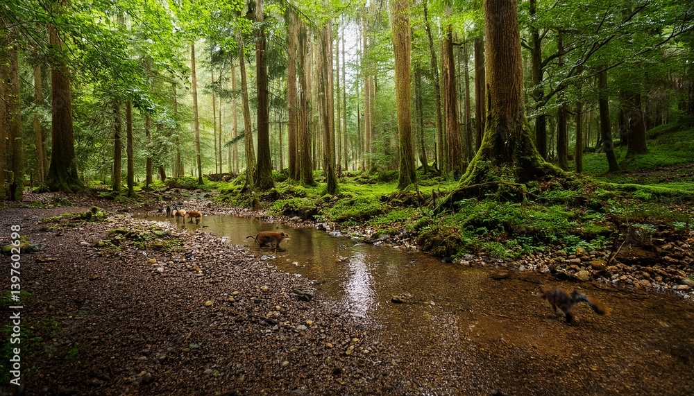 Obraz premium 6月の梅雨明け後、しっとりと濡れた森と小動物の足音が響く静かな風景