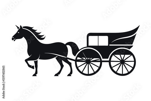 Black horse silhouette pulling a cartoon carriage vector illustration