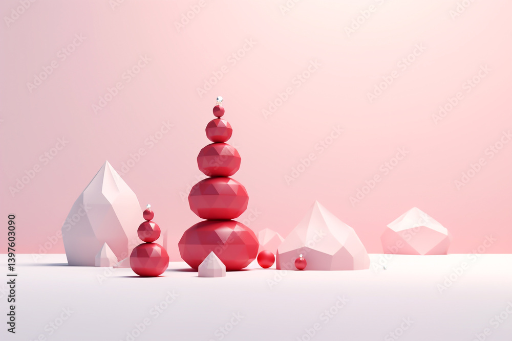 A minimalistic geometric Christmas tree design set against a clean red background, blending festive spirit with modern art aesthetics