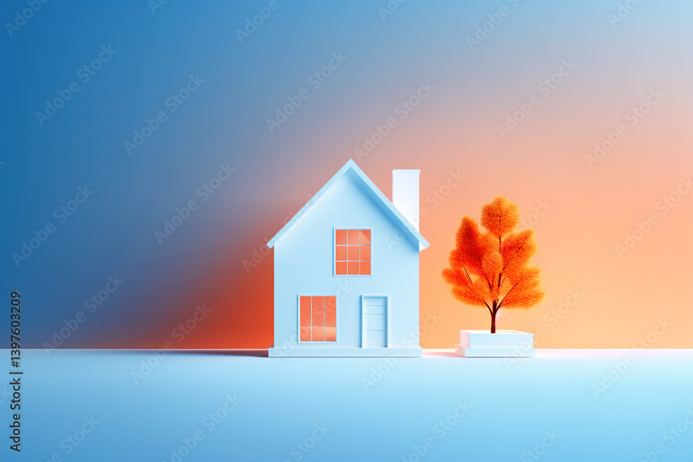 A cozy white house illustration with a classic roof, surrounded by autumn trees in warm fall colors. The scene symbolizes home ownership and seasonal change