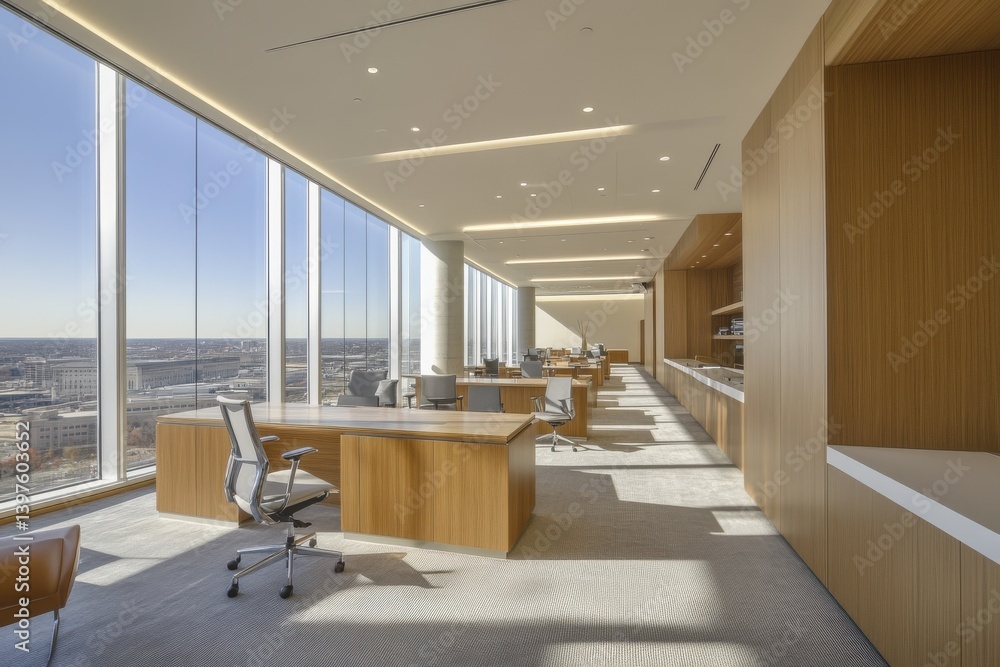 Modern minimalist office space, executive desk, ergonomic chair, light wood tones, gray carpet Modern minimalist office space, executive desk, ergonomic chair, light wood tones, gray carpet