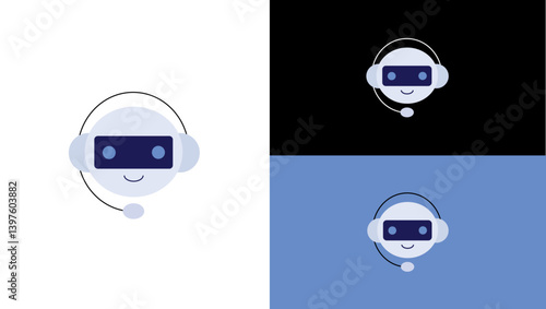 Cute Chatbot Head Icon with Headset and Smile | Minimal Friendly AI Support Bot Face Design for Customer Service, Virtual Assistant, Technology Apps, Software, Helpdesk, Web Platforms, and Automation 