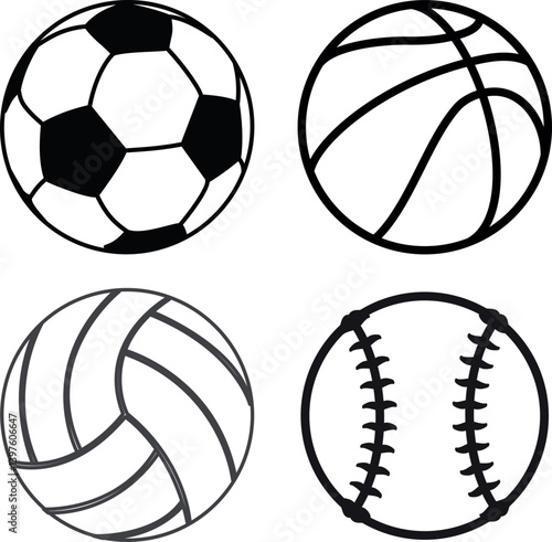 Collection of Sports Balls Soccer, Basketball, Volleyball, and Baseball