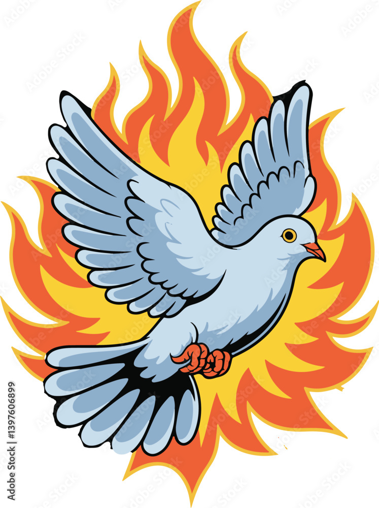 Fototapeta premium Pentecost Sunday Art – Dove Soaring Through Fire Vector Graphic.