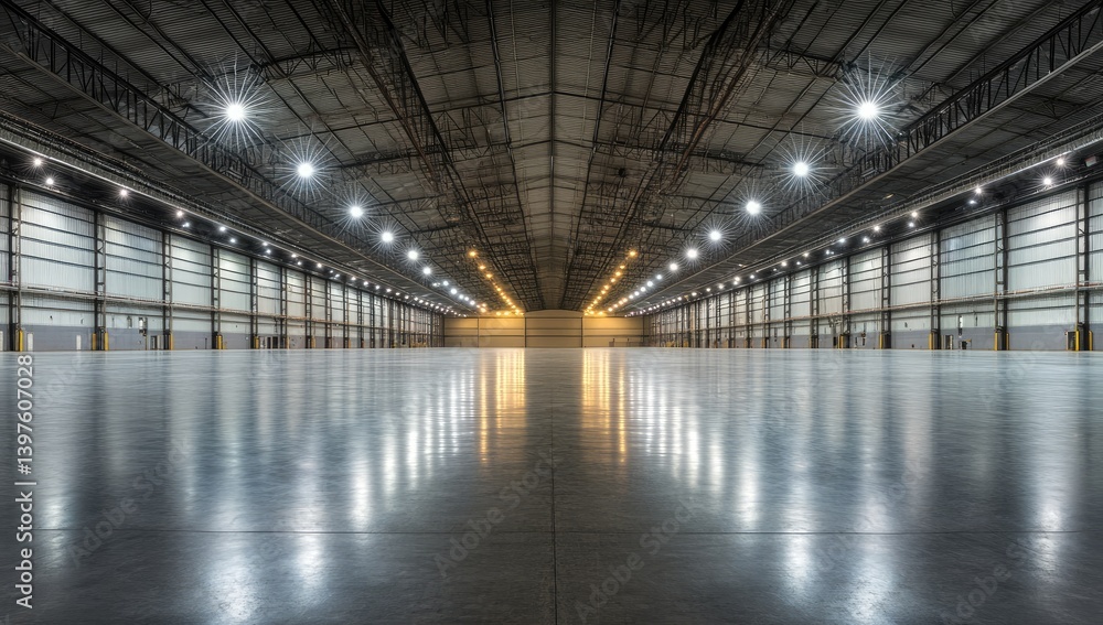 A large, empty warehouse with concrete floors and high ceilings illuminated by bright lights. A large, empty warehouse with concrete floors and high ceilings illuminated by bright lights.