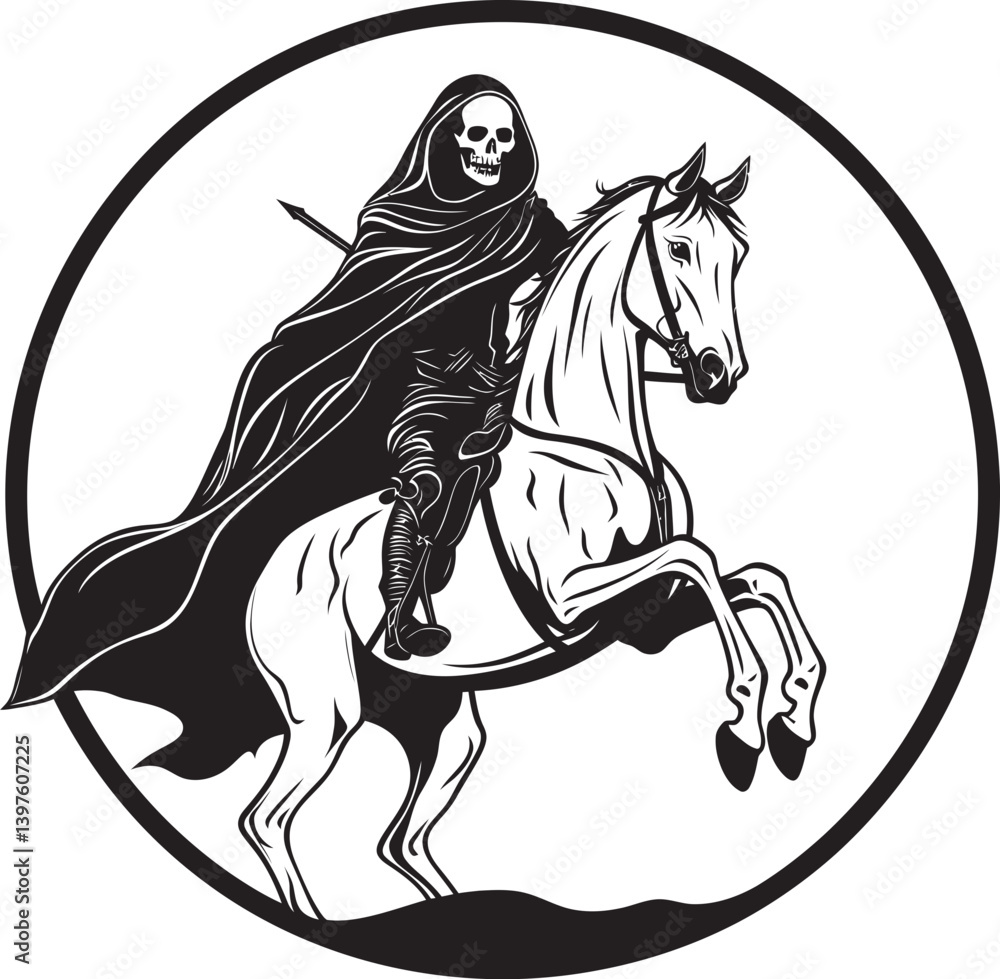 Obraz premium The Last Ride Hooded Death and Its Skeleton Horse on the Edge of Darkness