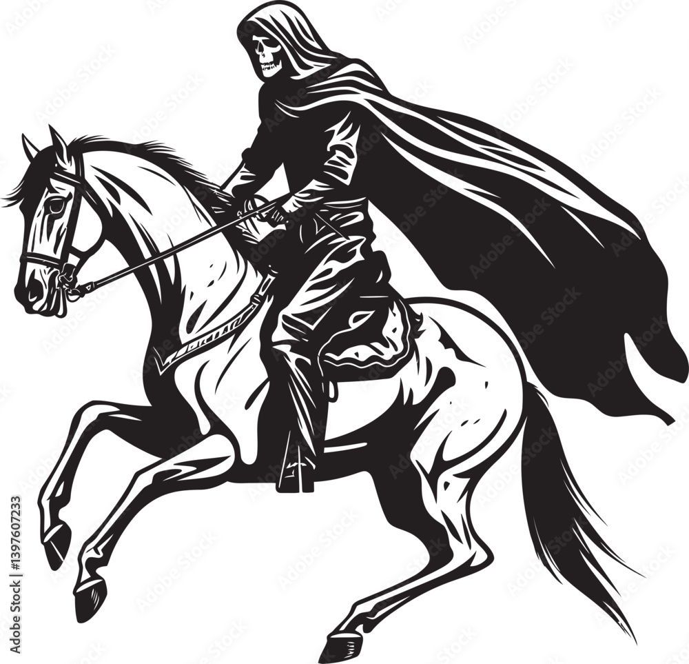 Obraz premium Darkness Personified The Haunting Figure of Hooded Death and Its Skeleton Horse