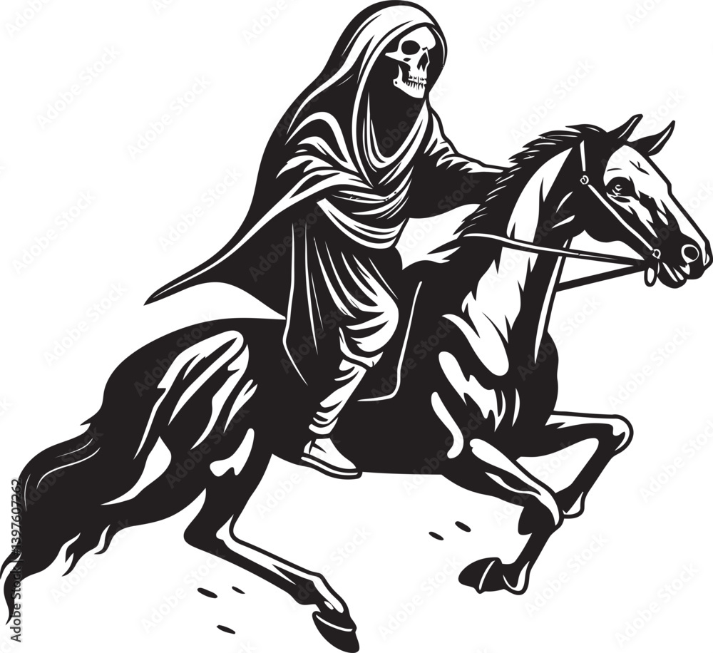 Fototapeta premium A Ride Through Eternity Hooded Death Galloping on Its Bone Steed