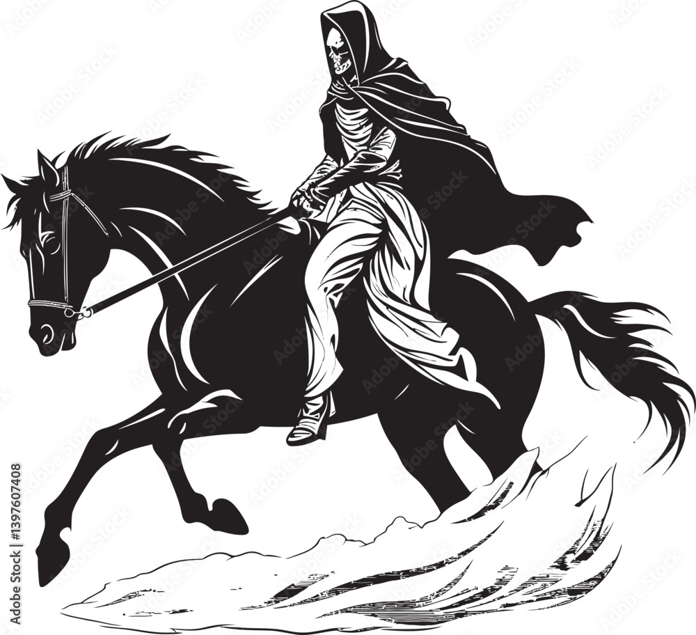 Obraz premium The Lurking Horseman Hooded Death and Its Sinister Skeleton Steed