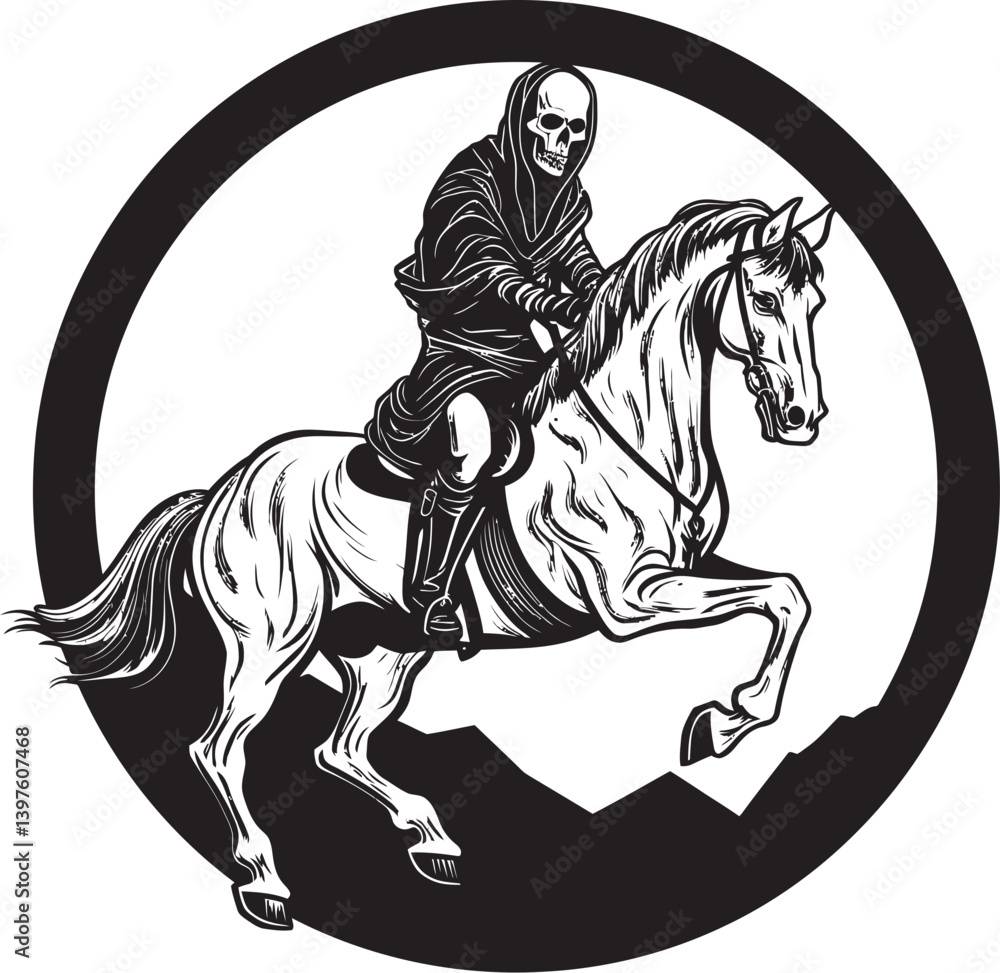 Obraz premium The Dark Companion How Hooded Death Commands Its Skeleton Steed