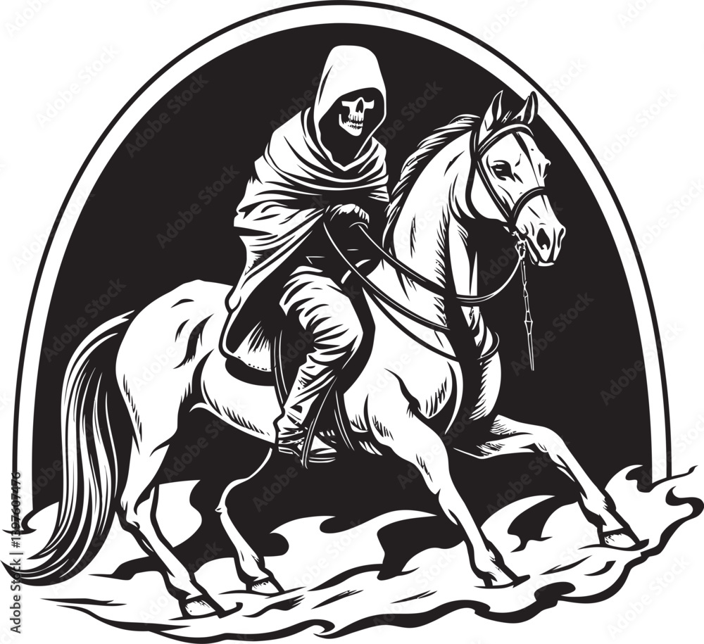 Fototapeta premium Phantom Gallop A Journey with Hooded Death on Its Eerie Horse