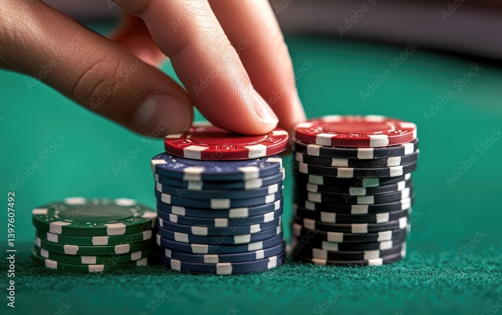 A hand is placing the last chip on top of two stacks, with one stack being much larger than the other, symbolizing winning in poker or other games. A hand is placing the last chip on top of two stacks, with one stack being much larger than the other, symbolizing winning in poker or other games.