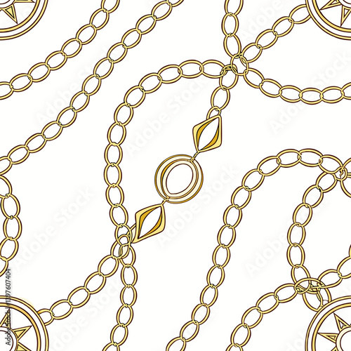 Fashion design made with gold colored chain jewelry seamless pattern on a white background