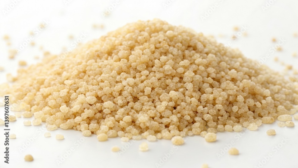 Couscous piled high on a bright white background showcasing its texture and color Couscous piled high on a bright white background showcasing its texture and color