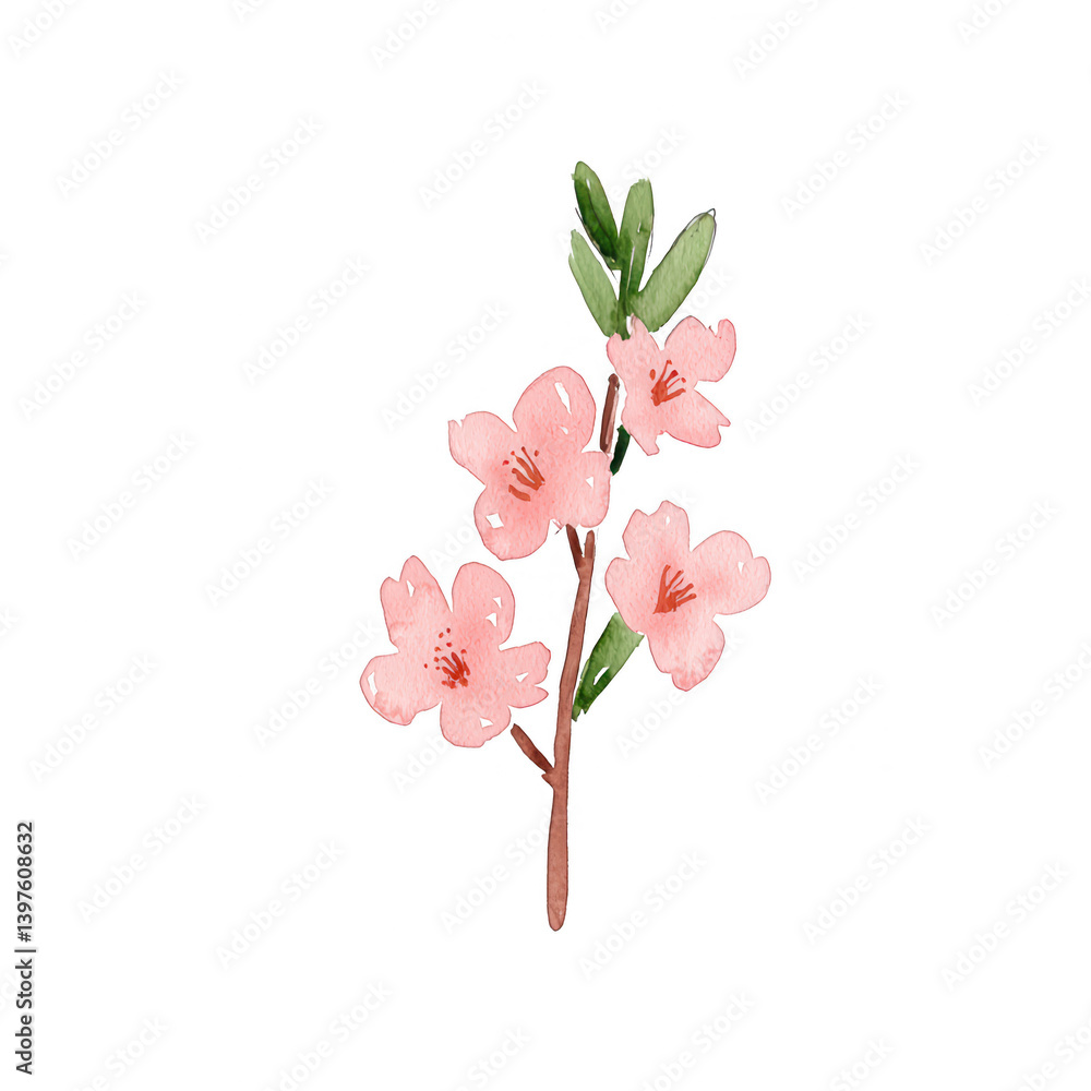 Obraz premium A delicate pink flower branch with green leaves on a white isolated background, perfect for floral designs and nature-themed projects.