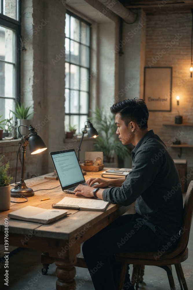 Focused on Innovation: Young Asian Software Developer Working on Code and Problem-Solving on His Laptop in a Unique Industrial Office Environment Focused on Innovation: Young Asian Software Developer Working on Code and Problem-Solving on His Laptop in a Unique Industrial Office Environment