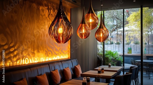 Interior of a restaurant with decorative lighting and view of outdoor garden area near tables