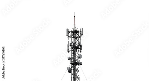 Telecommunications tower against a stark white canvas depicting connectivity