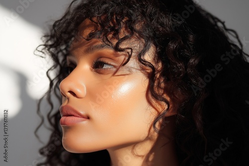 Wallpaper Mural close-up portrait of woman with curly hair illuminated by soft sunlight showing her natural beauty and radiant skin, skin care beauty concept Torontodigital.ca