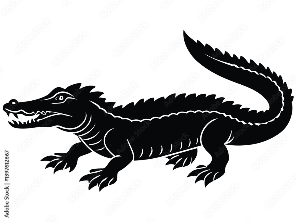 Fototapeta premium Black vector silhouette of a wild dragon and crocodile reptile animal isolated on white