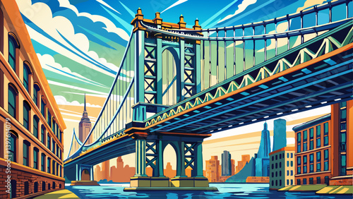 The Manhattan Bridge, New York City. Awesome wideangle upward vi