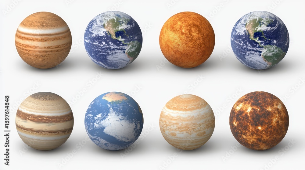Planets in Solar System, 3D renderings, realistic textures, educational Planets in Solar System, 3D renderings, realistic textures, educational