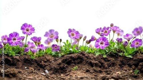 Purple Flowers Growing in Soil Border Against White Background