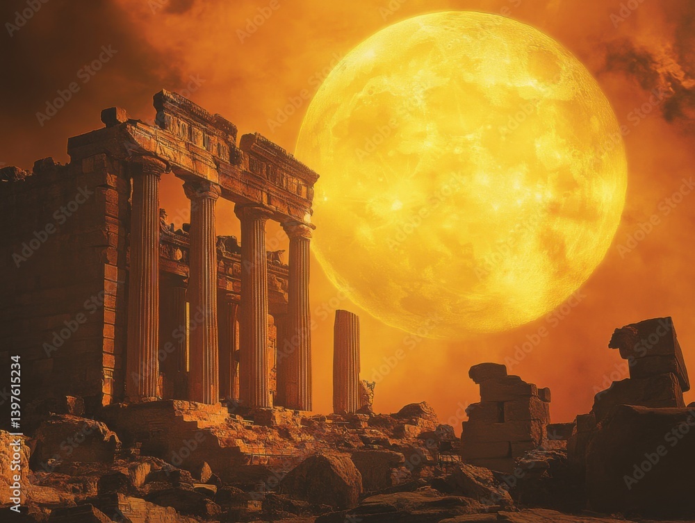 Fototapeta premium Ancient ruins with large yellow sun and space for text below