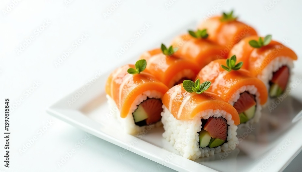 Beautifully arranged sushi on white background, vegetables, lunch Beautifully arranged sushi on white background, vegetables, lunch