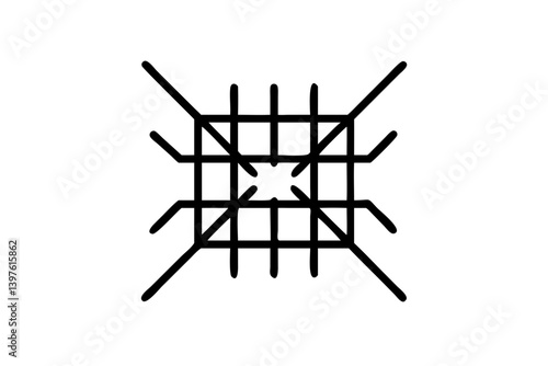 A captivating black and white geometric design featuring a central square intersected by bold lines radiating outwards, creating a sense of depth and intricate structure.