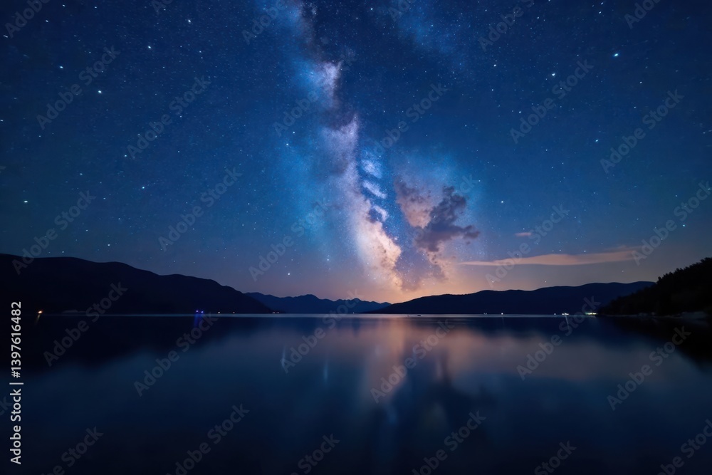 Starry night sky with scattered stars above a calm lake, galaxies, universe Starry night sky with scattered stars above a calm lake, galaxies, universe