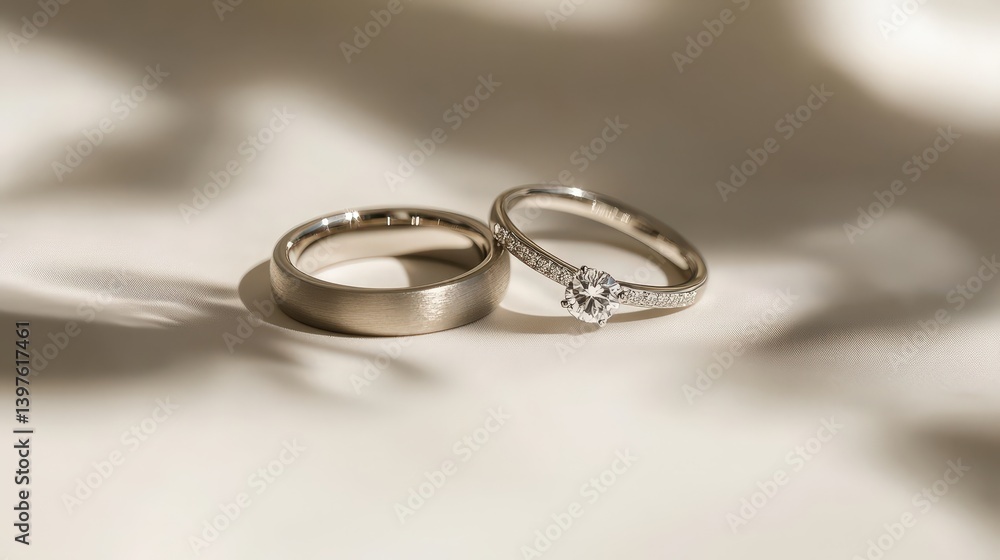 A simple yet elegant wedding ring set displayed on a white background with soft lighting. A simple yet elegant wedding ring set displayed on a white background with soft lighting.