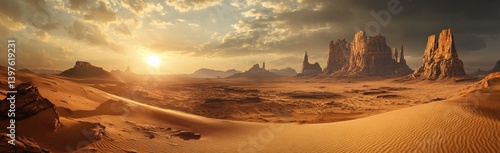A panoramic photograph of an alien desert landscape, featuring towering rock formations, sand dunes, and a setting sun.