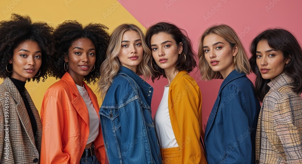 diverse 20s friend group on colorful plain bright background modern chic fashion pose model portrait portrait banner with copy space ad concept marketing