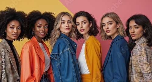 Obraz na płótnie diverse 20s friend group on colorful plain bright background modern chic fashion pose model portrait portrait banner with copy space ad concept marketing w salonie