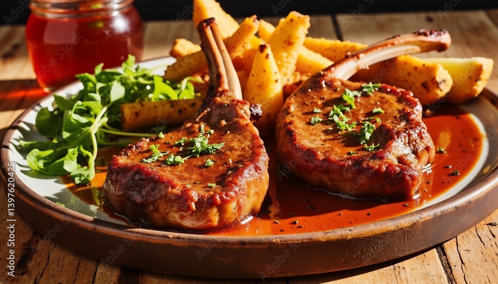 Gourmet Lamb Chops With Rustic Fries And Arugula On A Wooden Table Gourmet Lamb Chops With Rustic Fries And Arugula On A Wooden Table
