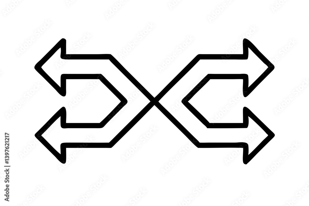 Intertwined paths of exchange and reciprocal flow, bold black lines on white background. Intertwined paths of exchange and reciprocal flow, bold black lines on white background.