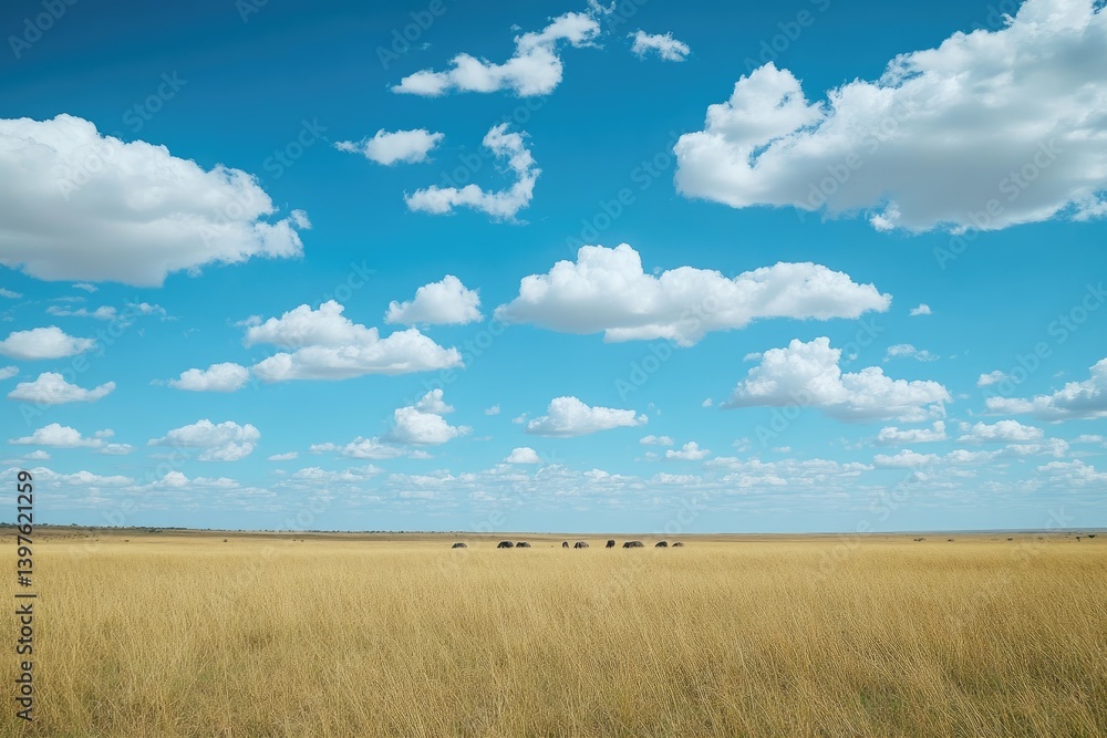 A vast savanna landscape under a vibrant blue sky dotted with fluffy clouds. A vast savanna landscape under a vibrant blue sky dotted with fluffy clouds.