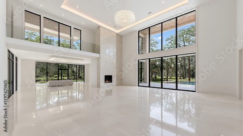 Modern great room with floor to ceiling windows