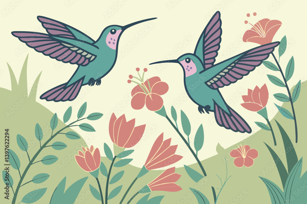 Two graceful hummingbirds dance among vibrant blossoms, a gentle springtime ballet painted in soft pastel hues. Two graceful hummingbirds dance among vibrant blossoms, a gentle springtime ballet painted in soft pastel hues.