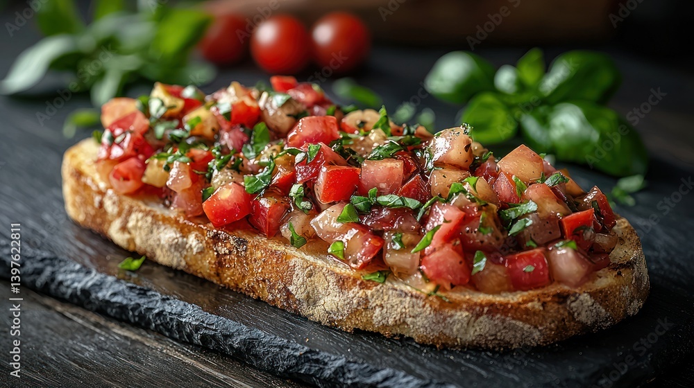 Toasted bread topped with diced tomatoes, onions, and basil Toasted bread topped with diced tomatoes, onions, and basil