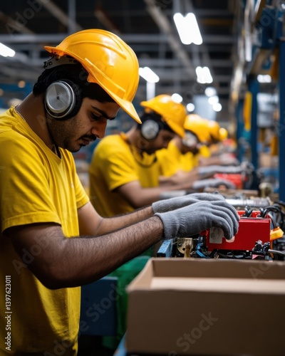 A line of focused Indian factory workers diligently assemble electronics components in a bustling manufactu plant reflecting the impact of global trade and US-India relations