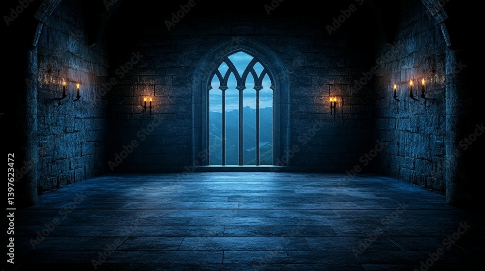 Obraz premium Dark gothic interior room with a large window