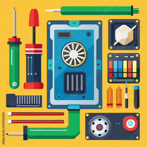 Computer components image. Cartoon style. Vector illustration.