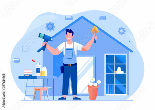 A person doing DIY home renovation image. Cartoon style. Vector illustration.